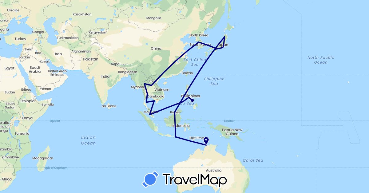TravelMap itinerary: driving in Australia, Brunei, Indonesia, Japan, South Korea, Laos, Malaysia, Philippines, Thailand, Vietnam (Asia, Oceania)